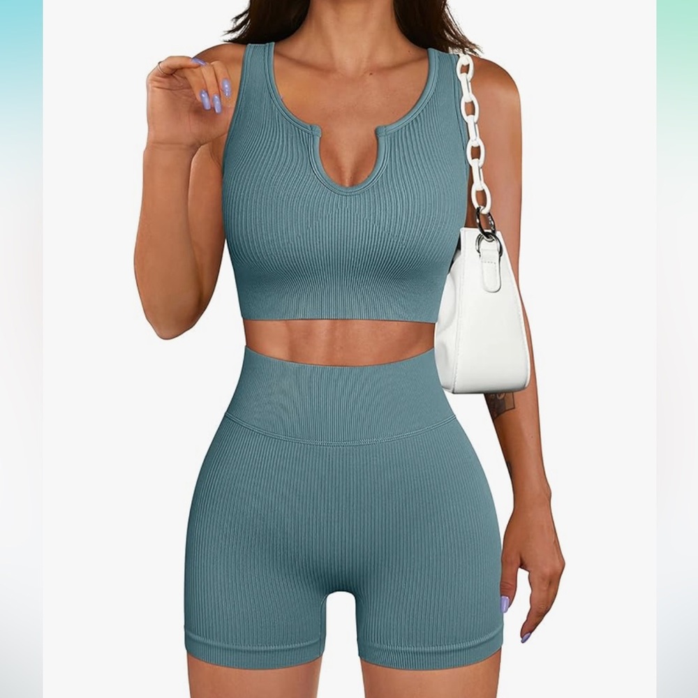 Women's Workout 2 Piece Seamless High Waist Short Set in Teal